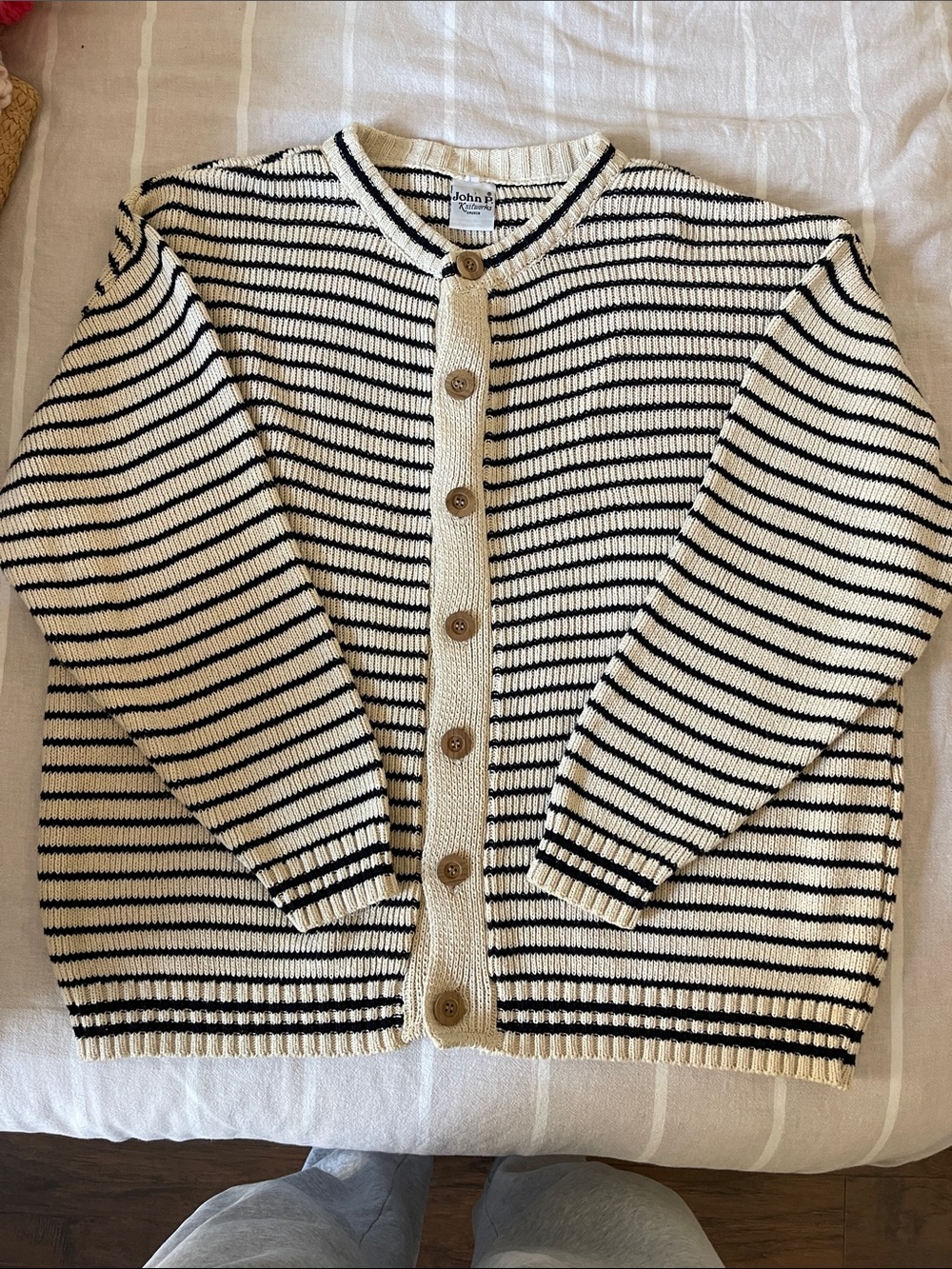 Striped Crewneck Button Cardigan in Cream and Navy